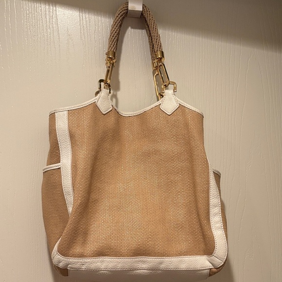 Tory Burch Beige and White Tote with Gold Accents - Picture 3 of 12